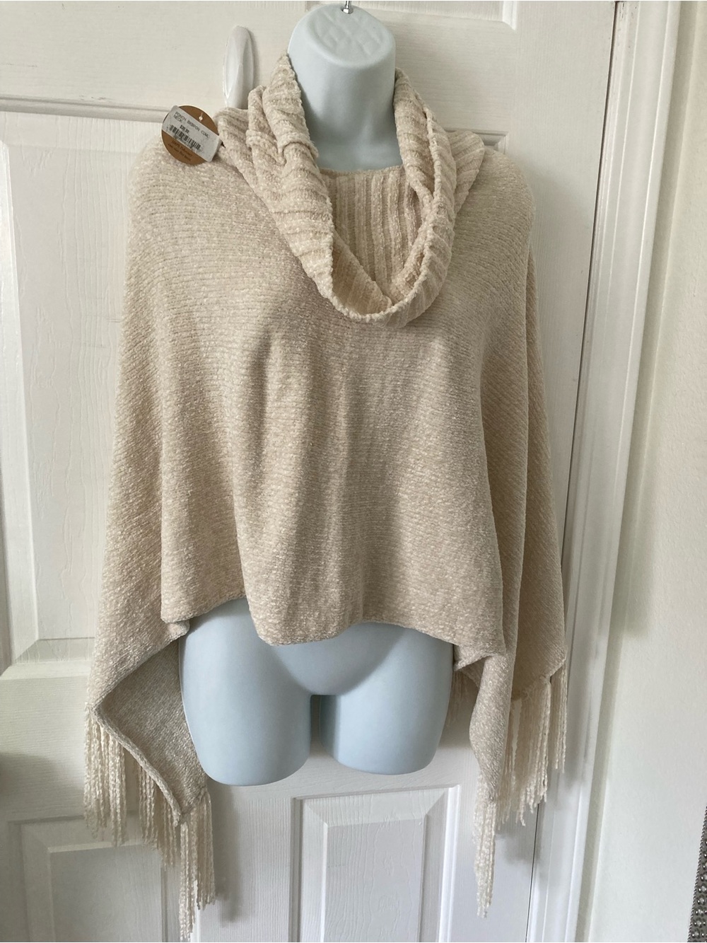 Women's Cream Cowl Neck Fringe Poncho Sweater